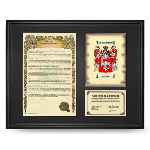 Melchior Framed Surname History and Coat of Arms - Black