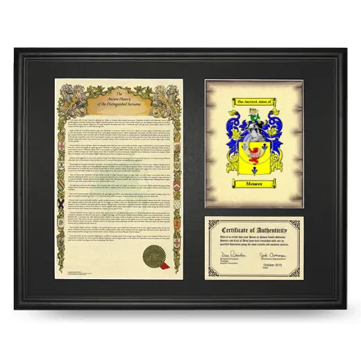 Meneer Framed Surname History and Coat of Arms - Black