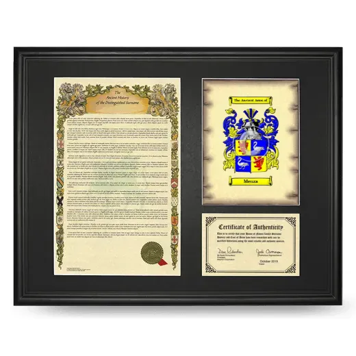 Menza Framed Surname History and Coat of Arms - Black
