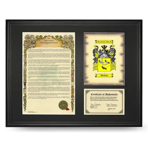 Merleau Framed Surname History and Coat of Arms - Black