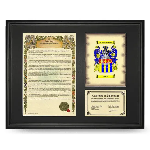 Meus Framed Surname History and Coat of Arms - Black