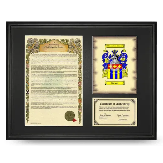 Meway Framed Surname History and Coat of Arms - Black
