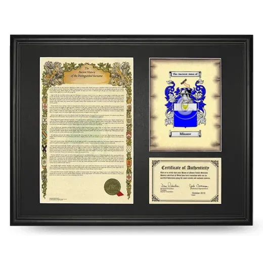Minare Framed Surname History and Coat of Arms - Black