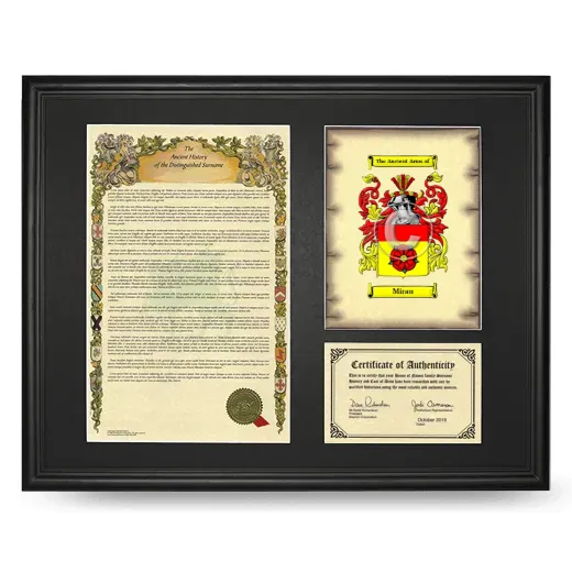 Mirau Framed Surname History and Coat of Arms - Black