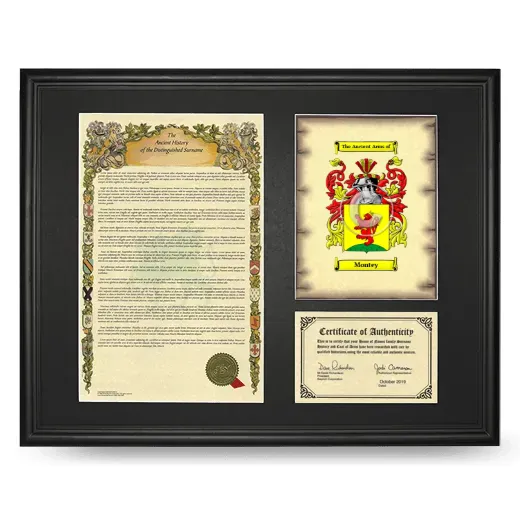Montey Framed Surname History and Coat of Arms - Black