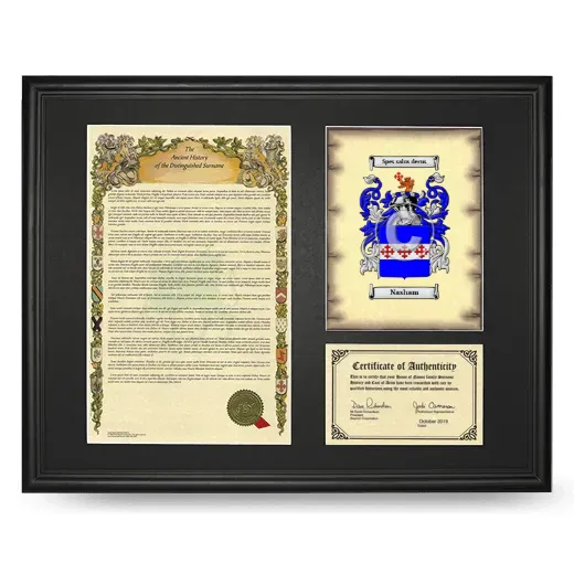 Nasham Framed Surname History and Coat of Arms - Black
