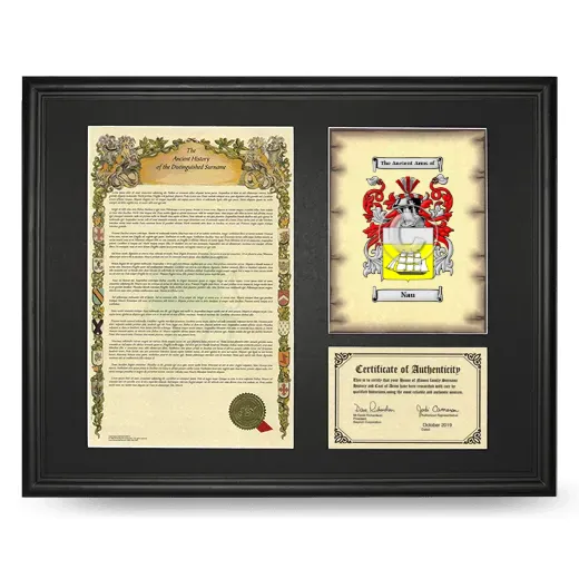 Nau Framed Surname History and Coat of Arms - Black