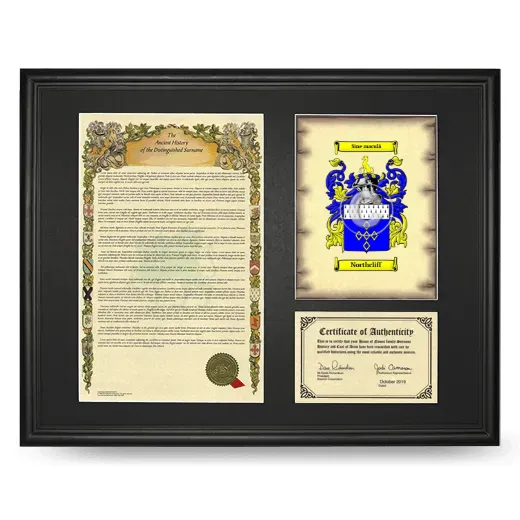 Northcliff Framed Surname History and Coat of Arms - Black