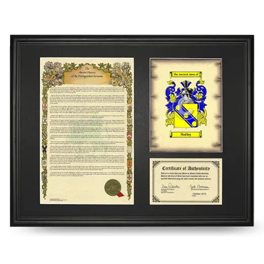 Notley Framed Surname History and Coat of Arms - Black