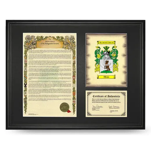 Olivas Framed Surname History and Coat of Arms - Black