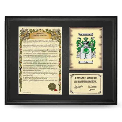 Pacha Framed Surname History and Coat of Arms - Black