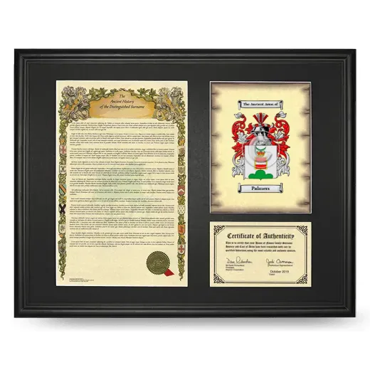 Palmers Framed Surname History and Coat of Arms - Black