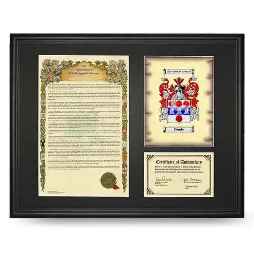 Panda Framed Surname History and Coat of Arms - Black