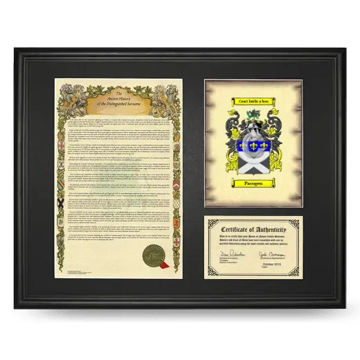 Parogen Framed Surname History and Coat of Arms - Black