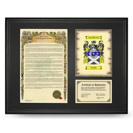 Patchie Framed Surname History and Coat of Arms - Black