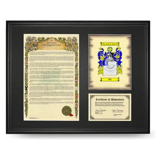 Pel Framed Surname History and Coat of Arms - Black