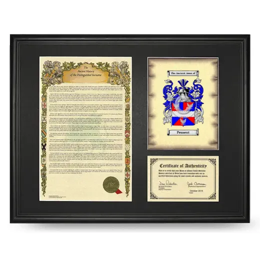 Pensent Framed Surname History and Coat of Arms - Black