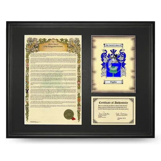 Pepito Framed Surname History and Coat of Arms - Black