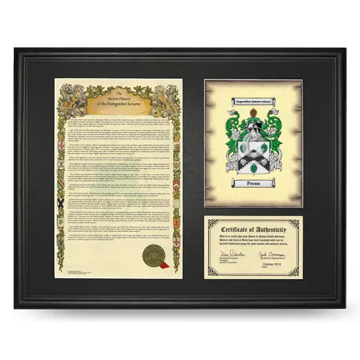Peran Framed Surname History and Coat of Arms - Black