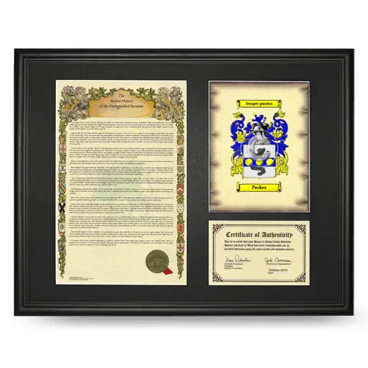 Perkes Framed Surname History and Coat of Arms - Black