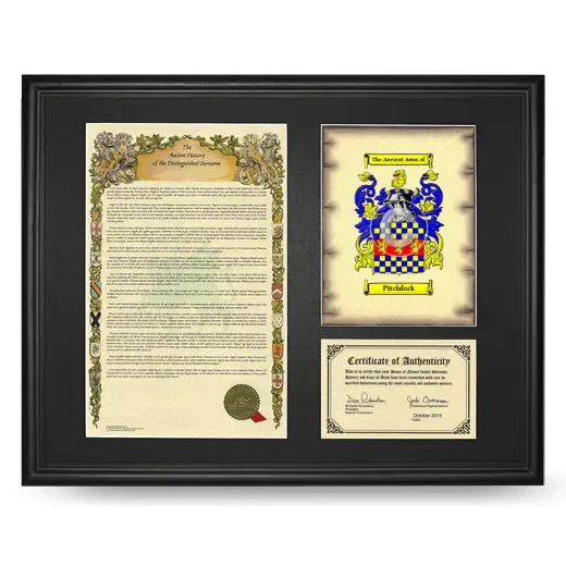 Pitchfork Framed Surname History and Coat of Arms - Black