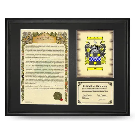 Pits Framed Surname History and Coat of Arms - Black