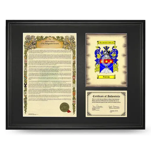 Poitvin Framed Surname History and Coat of Arms - Black