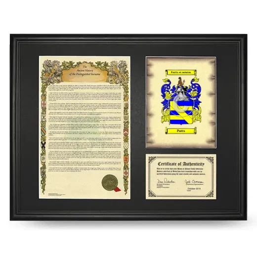 Potts Framed Surname History and Coat of Arms - Black