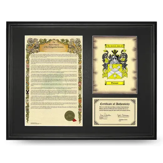 Presser Framed Surname History and Coat of Arms - Black