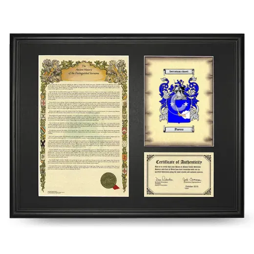 Prevo Framed Surname History and Coat of Arms - Black