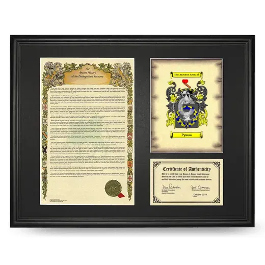 Pymm Framed Surname History and Coat of Arms - Black