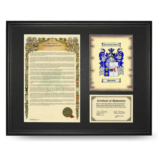 Quevedo Framed Surname History and Coat of Arms - Black