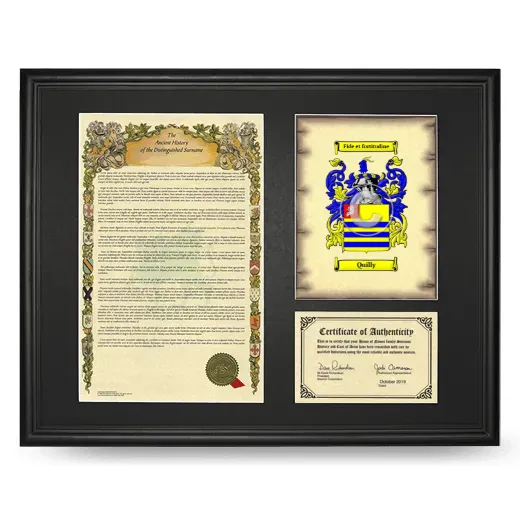 Quilly Framed Surname History and Coat of Arms - Black