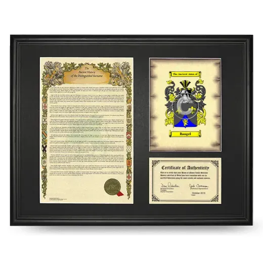 Rangel Framed Surname History and Coat of Arms - Black