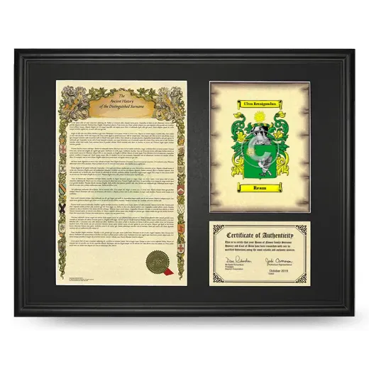 Ream Framed Surname History and Coat of Arms - Black