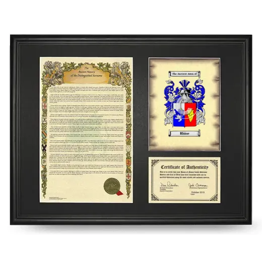 Rhine Framed Surname History and Coat of Arms - Black