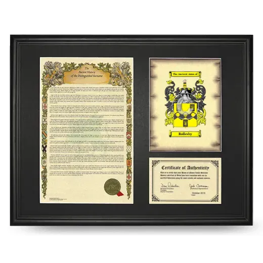Rollesby Framed Surname History and Coat of Arms - Black