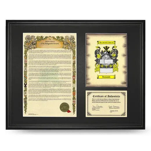 Romanis Framed Surname History and Coat of Arms - Black