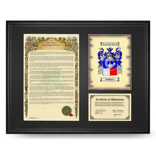 Rubinato Framed Surname History and Coat of Arms - Black