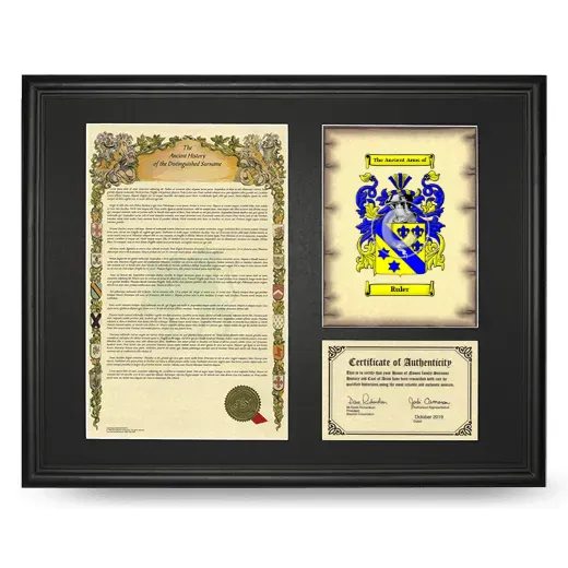 Ruler Framed Surname History and Coat of Arms - Black