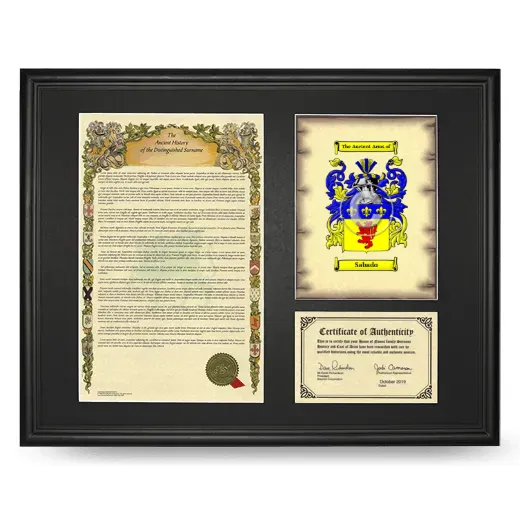 Sabado Framed Surname History and Coat of Arms - Black