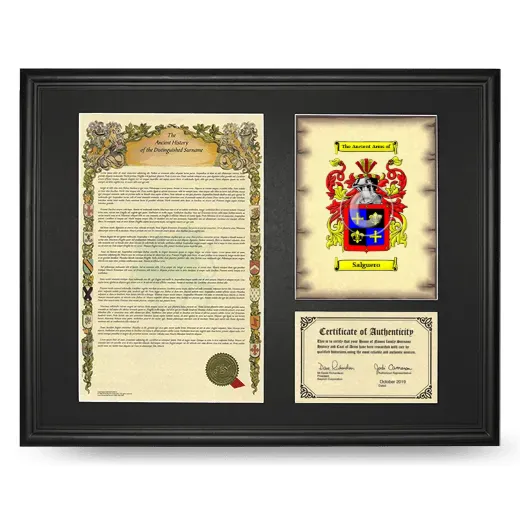 Salguero Framed Surname History and Coat of Arms - Black