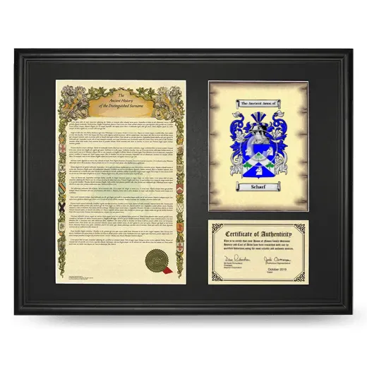 Scharf Framed Surname History and Coat of Arms - Black