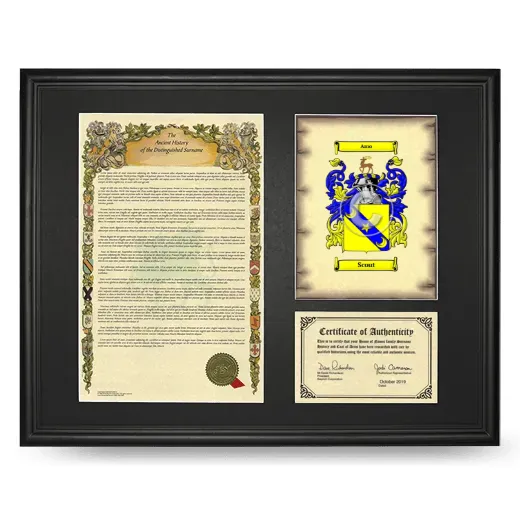 Scout Framed Surname History and Coat of Arms - Black