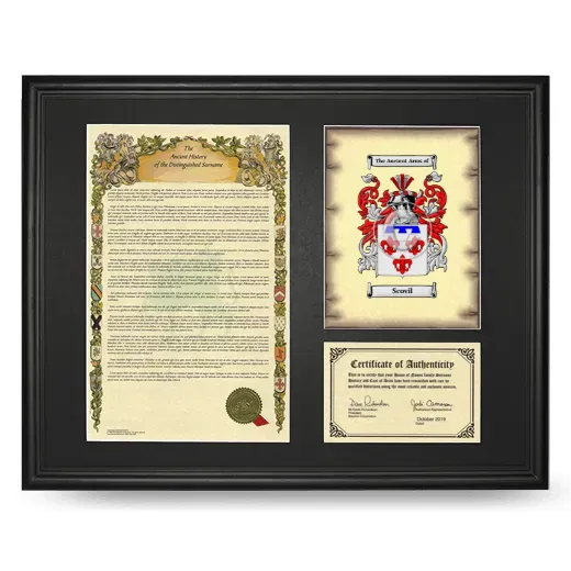 Scovil Framed Surname History and Coat of Arms - Black
