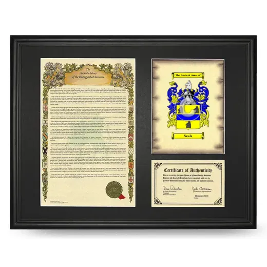 Seals Framed Surname History and Coat of Arms - Black