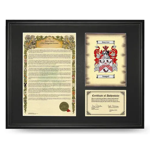 Sempel Framed Surname History and Coat of Arms - Black