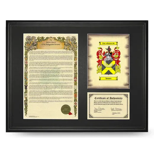 Sewen Framed Surname History and Coat of Arms - Black