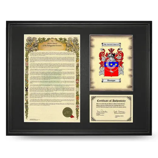 Shampu Framed Surname History and Coat of Arms - Black
