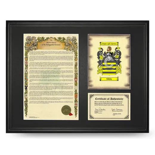 Silsby Framed Surname History and Coat of Arms - Black